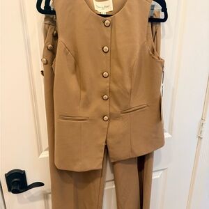 Women's Tan Button-Front Vest and Pants Set